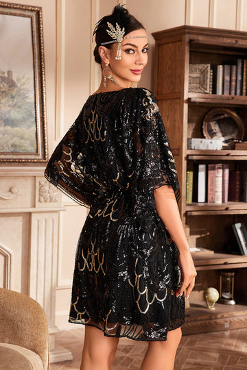 Black Sequins Round Neck Flapper Dress with Batwing Sleeves
